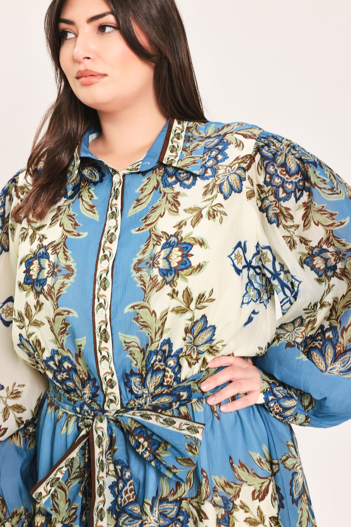 SKYBORNE ORNAMENTAL GRACE WOVEN MIDI SHIRT DRESS