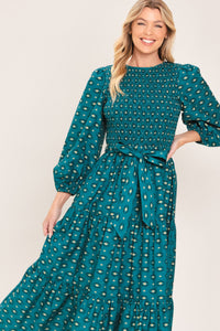 OCEAN DOT RUFFLE WOVEN MIDI DRESS