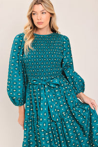 OCEAN DOT RUFFLE WOVEN MIDI DRESS