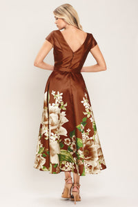 RUST REVERIE RUST PRINTED BELTED CIRCLE-SKIRT MIDI DRESS