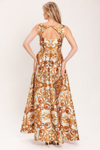 RUSTIC BLOOM RUST PRINTED FULL-SKIRT MAXI DRESS