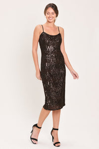 BRONZE AFTERGLOW BROWN SEQUIN SLIP MIDI DRESS