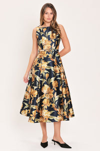 NAVY SONNET NAVY PRINTED BELTED CIRCLE-SKIRT MIDI DRESS