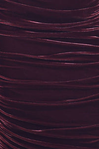 PLUM EMBRACE PLUM VELVET OFF-SHOULDER RUCHED MIDI DRESS