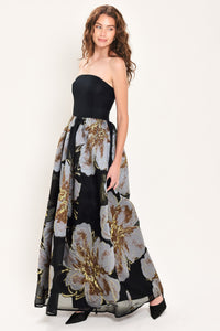 NOIR GARDEN BLACK STRAPLESS PRINTED FULL-SKIRT MAXI DRESS
