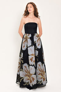 NOIR GARDEN BLACK STRAPLESS PRINTED FULL-SKIRT MAXI DRESS