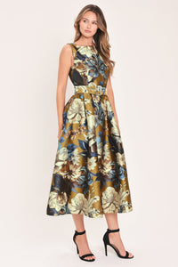 GOLDEN MEADOW DIJON PRINTED BELTED MIDI DRESS