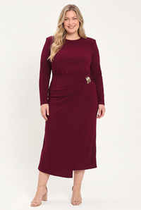 BORDEAUX SCULPT BURGUNDY GATHERED HARDWARE MIDI DRESS