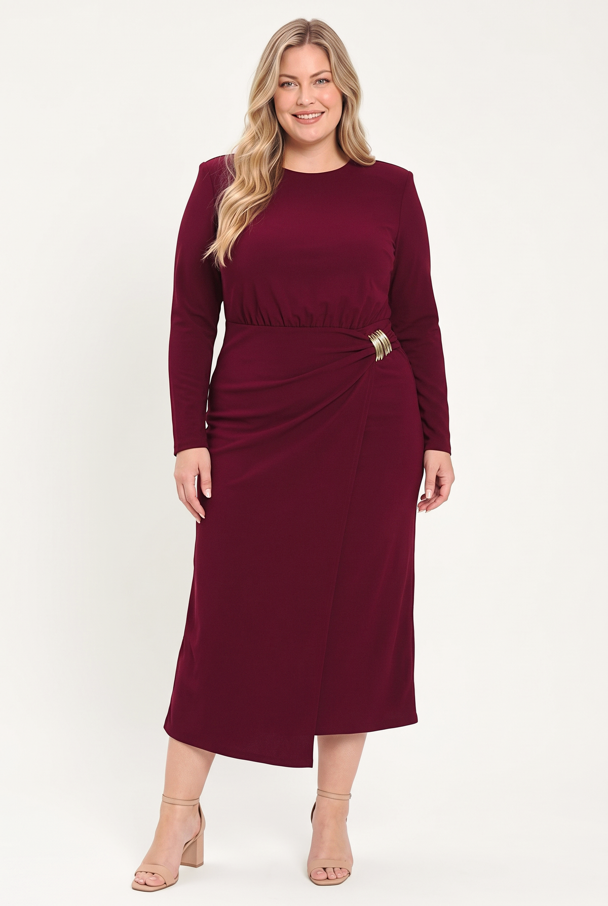 BORDEAUX SCULPT BURGUNDY GATHERED HARDWARE MIDI DRESS