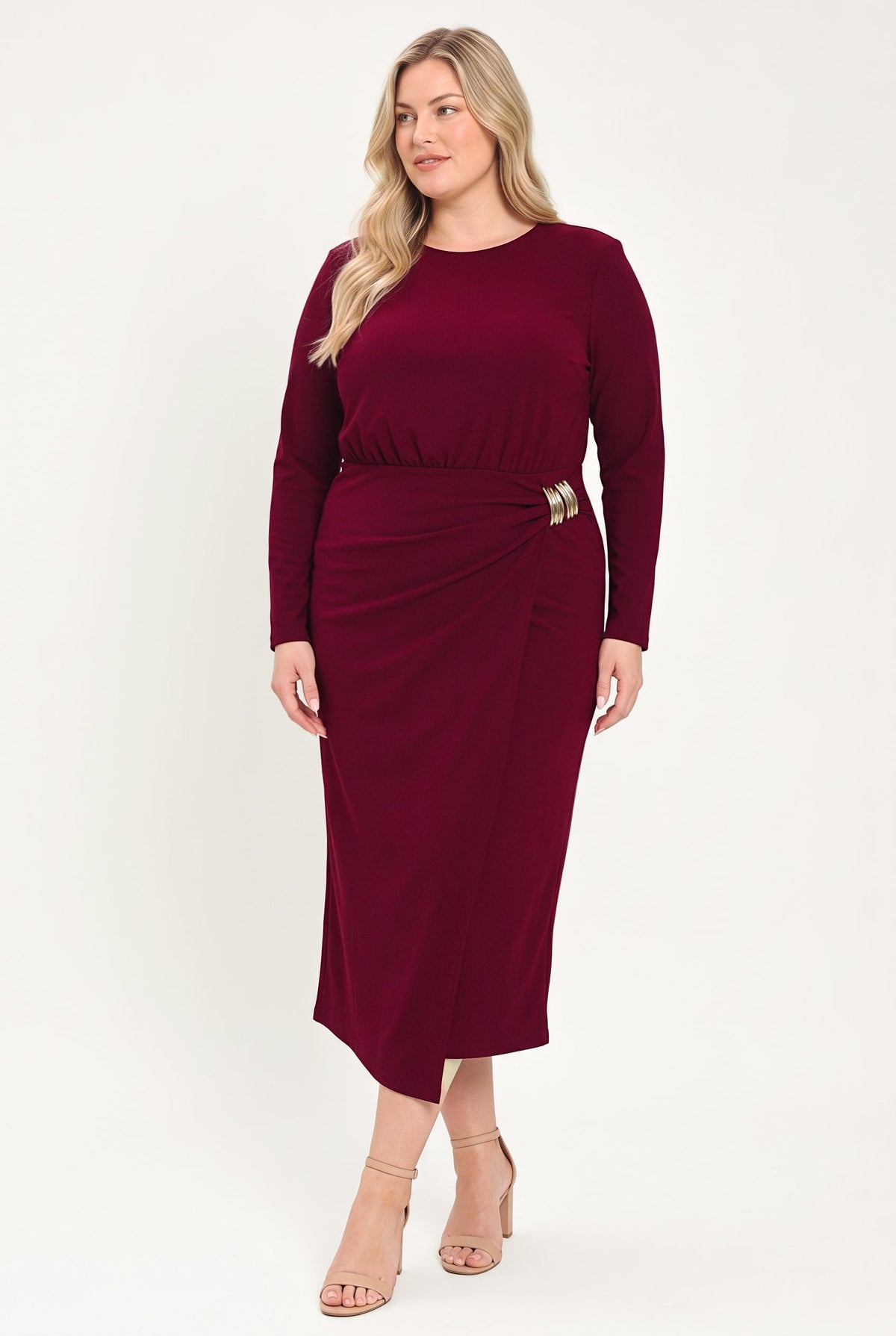BORDEAUX SCULPT BURGUNDY GATHERED HARDWARE MIDI DRESS
