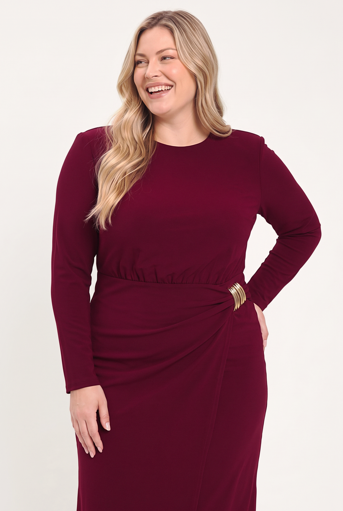 BORDEAUX SCULPT BURGUNDY GATHERED HARDWARE MIDI DRESS