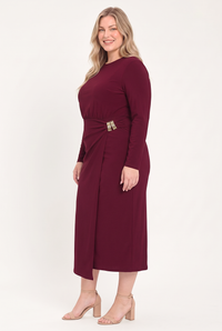 BORDEAUX SCULPT BURGUNDY GATHERED HARDWARE MIDI DRESS