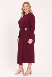 BORDEAUX SCULPT BURGUNDY GATHERED HARDWARE MIDI DRESS