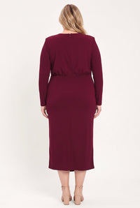 BORDEAUX SCULPT BURGUNDY GATHERED HARDWARE MIDI DRESS