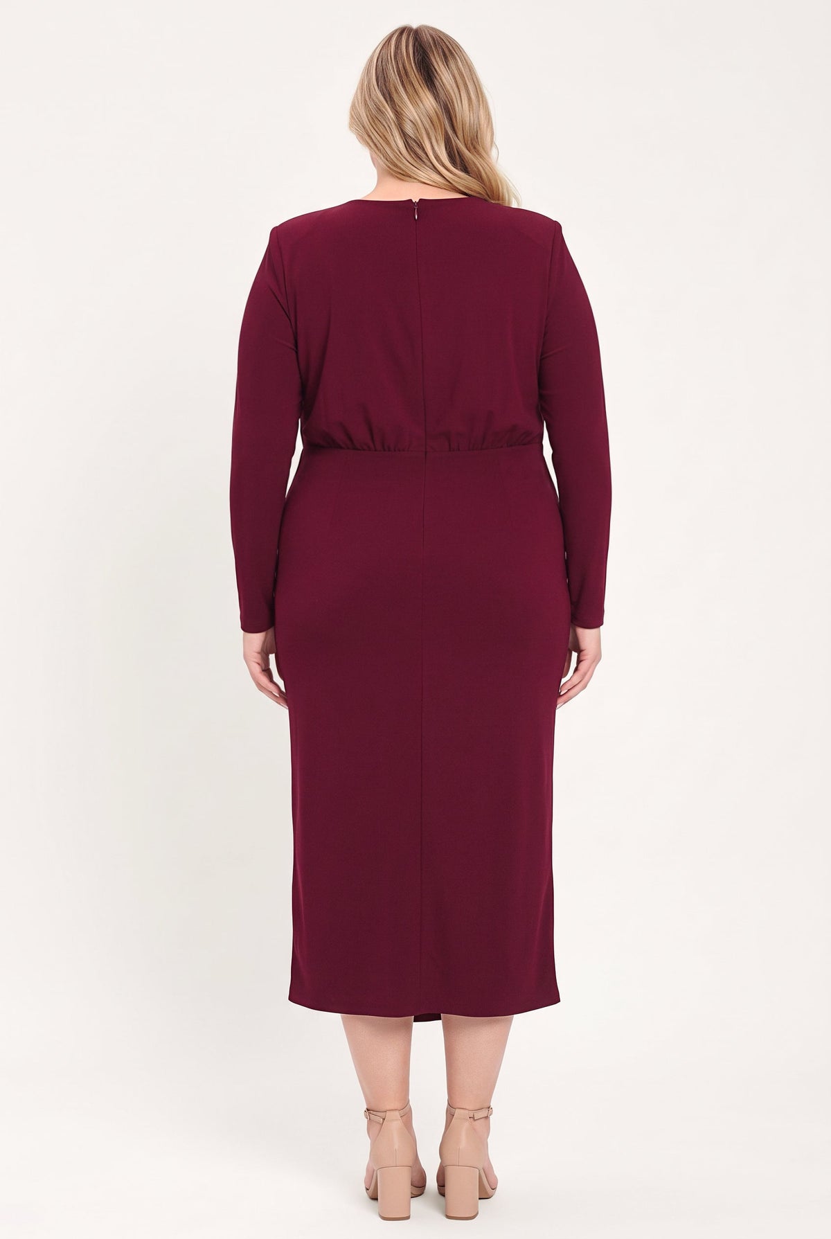BORDEAUX SCULPT BURGUNDY GATHERED HARDWARE MIDI DRESS