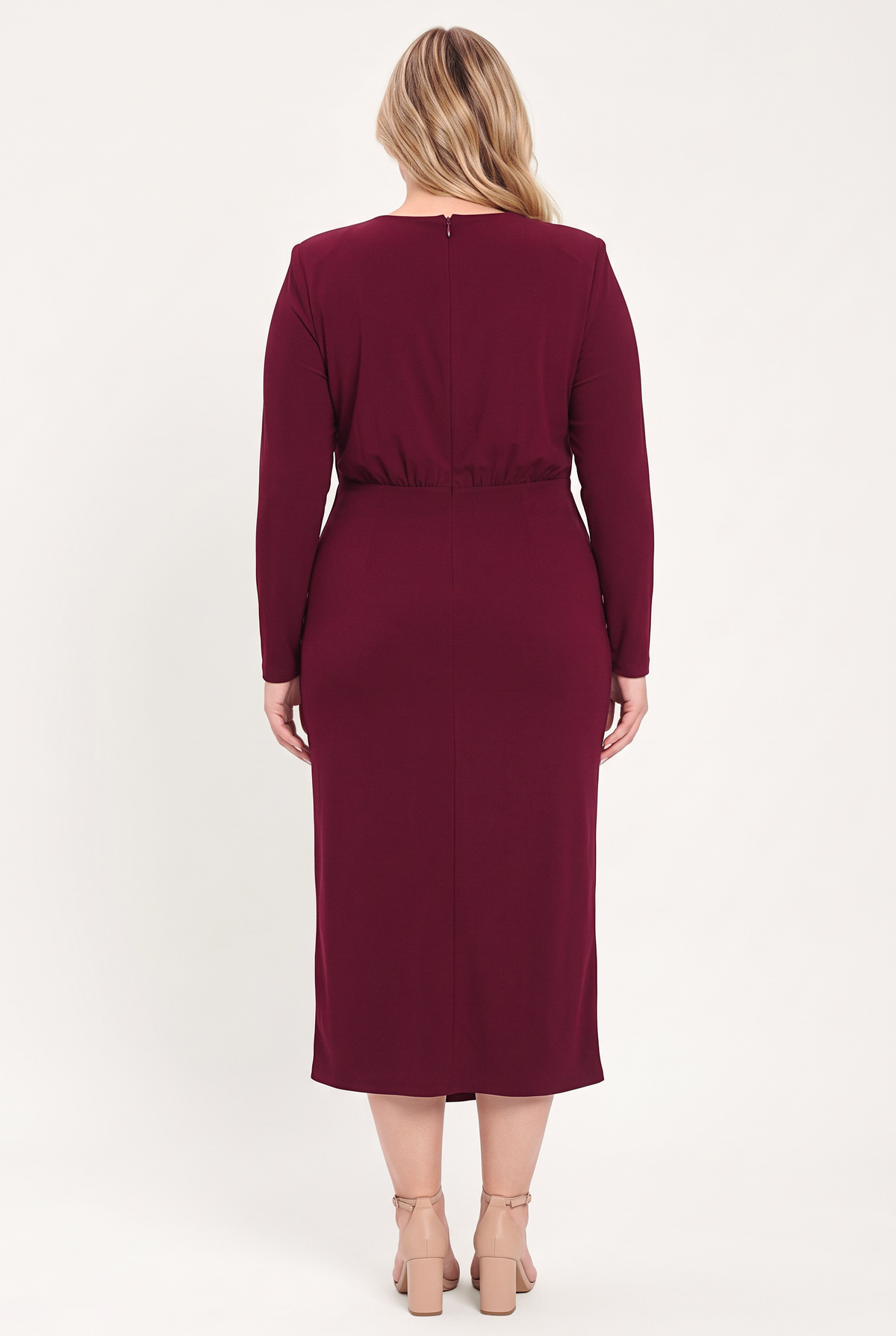 BORDEAUX SCULPT BURGUNDY GATHERED HARDWARE MIDI DRESS