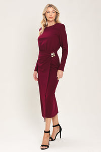 BORDEAUX SCULPT BURGUNDY GATHERED HARDWARE MIDI DRESS