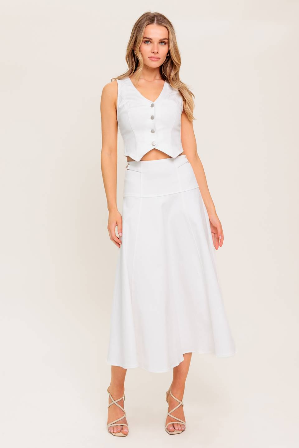 SECRET CHARM WHITE DENIM WOVEN MIDI SKIRT