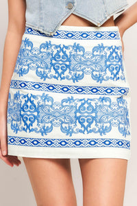 BLUE PORCELAIN WOVEN MINI SKIRT