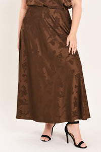 CHOCOLATE FLORAL WOVEN JACQUARD MIDI SKIRT