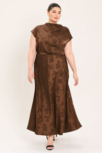 CHOCOLATE FLORAL WOVEN JACQUARD MIDI SKIRT