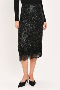 BRONZE LUSTER BRONZE/BLACK SEQUIN LACE-HEM MIDI SKIRT