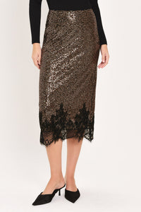 BRONZE LUSTER BRONZE/BLACK SEQUIN LACE-HEM MIDI SKIRT