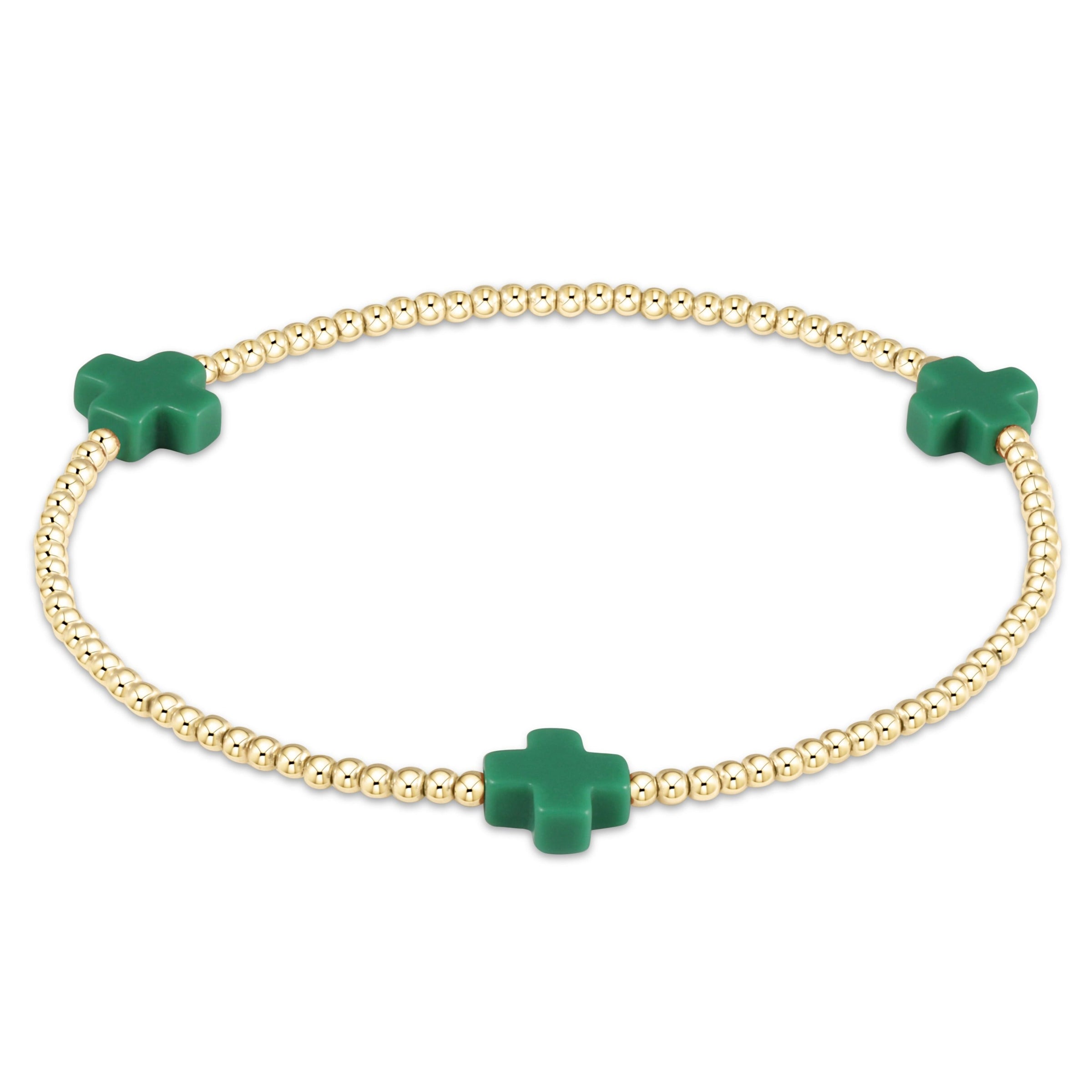 Emerald Green Signature Cross Gold 2mm Beaded Bracelet