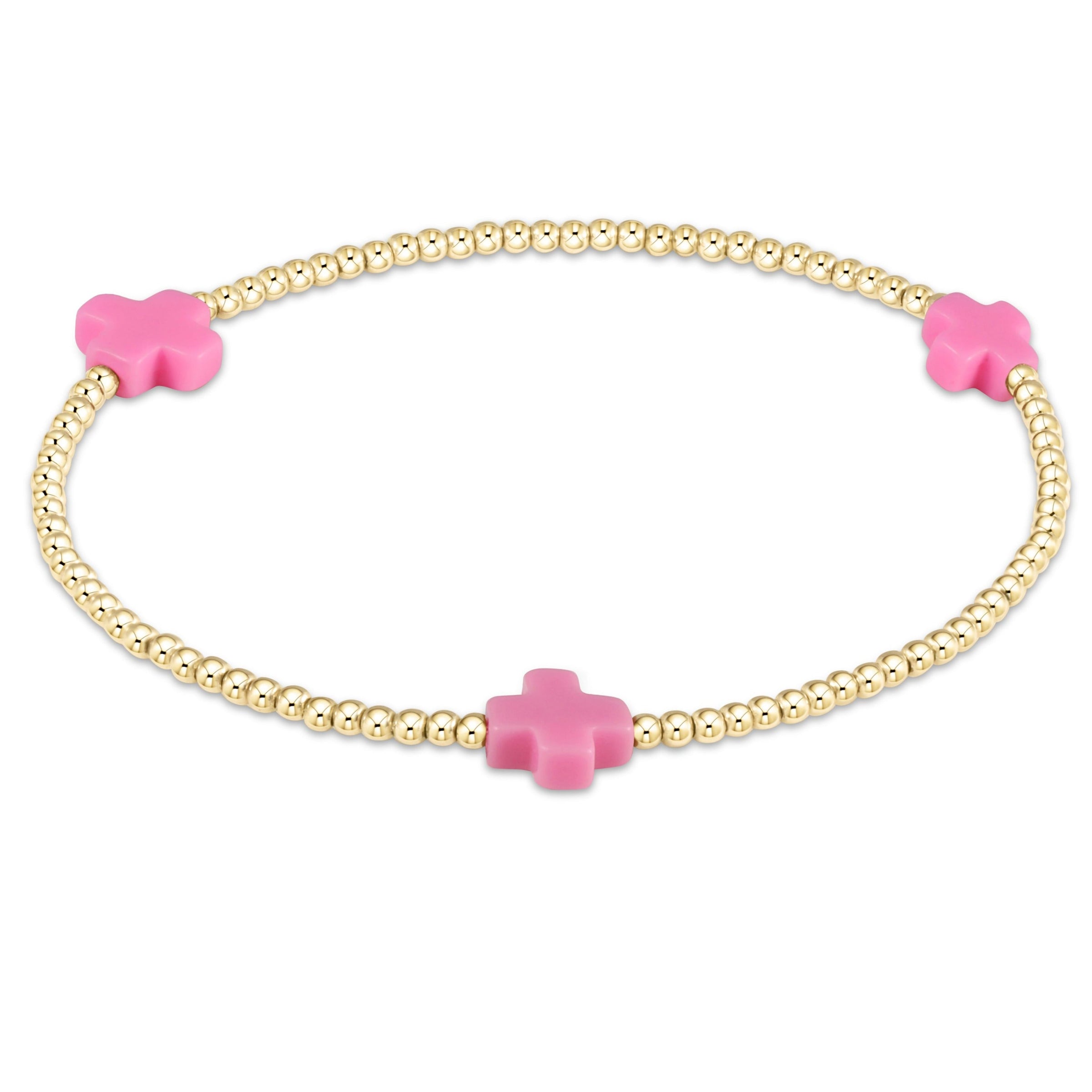 Bright Pink Signature Cross Gold 2mm Beaded Bracelet