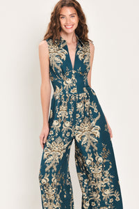 TEAL TAKEOVER PRINTED COLLARED WIDE-LEG JUMPSUIT