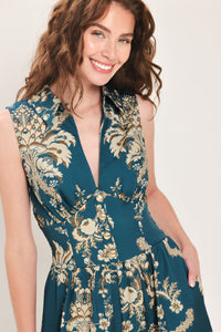 TEAL TAKEOVER PRINTED COLLARED WIDE-LEG JUMPSUIT