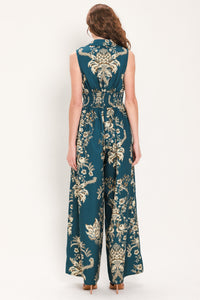 TEAL TAKEOVER PRINTED COLLARED WIDE-LEG JUMPSUIT