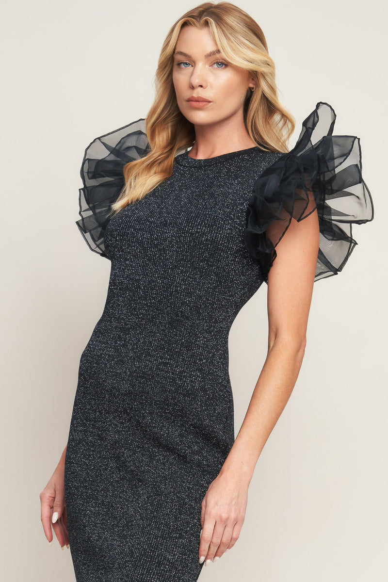 VOLUMINOUS POWER METALLIC MIDI DRESS