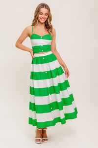 INFINITE FLARE GREEN WOVEN TOP AND SKIRT SET