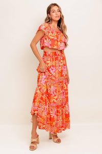 FAINT SUNBEAM RED WOVEN TOP AND SKIRT SET