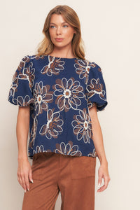 RETRO BLOOM PUFF SLEEVE WOVEN TOP