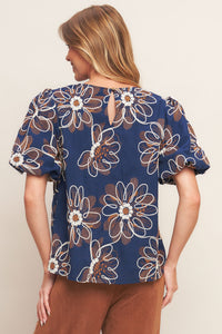 RETRO BLOOM PUFF SLEEVE WOVEN TOP