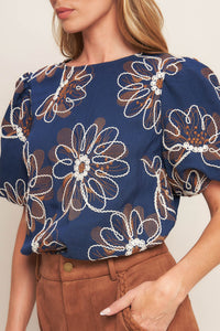 RETRO BLOOM PUFF SLEEVE WOVEN TOP
