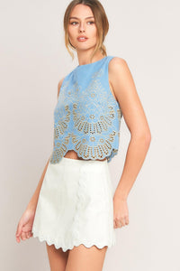 SKY BLOOM WOVEN EYELET TOP