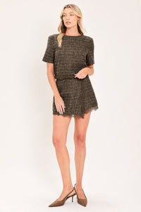 DARK CHAMPAGNE SPARK WOVEN TWEED TOP