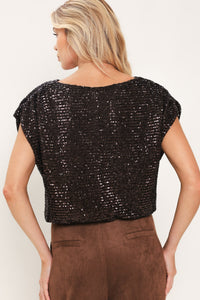 BRONZE GLOW BROWN SEQUIN COWL-NECK DOLMAN TOP