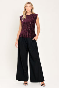 BURGUNDY SPARK BURGUNDY SEQUIN VELVET PADDED-SHOULDER TOP