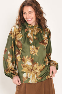 OLIVE ALLURE PRINTED HIGH-NECK BLOUSON-SLEEVE TOP