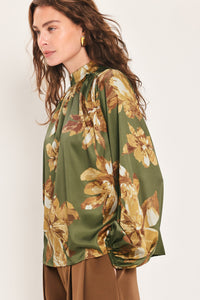 OLIVE ALLURE PRINTED HIGH-NECK BLOUSON-SLEEVE TOP