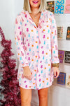 Macey-Pink Christmas Twinkle Tree Print Shirt Sleep Dress