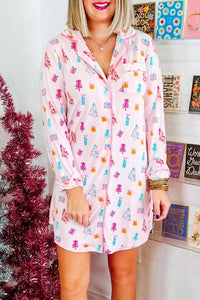 Macey-Pink Christmas Twinkle Tree Print Shirt Sleep Dress