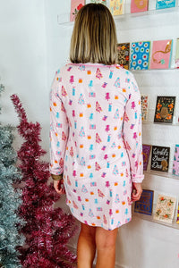 Macey-Pink Christmas Twinkle Tree Print Shirt Sleep Dress