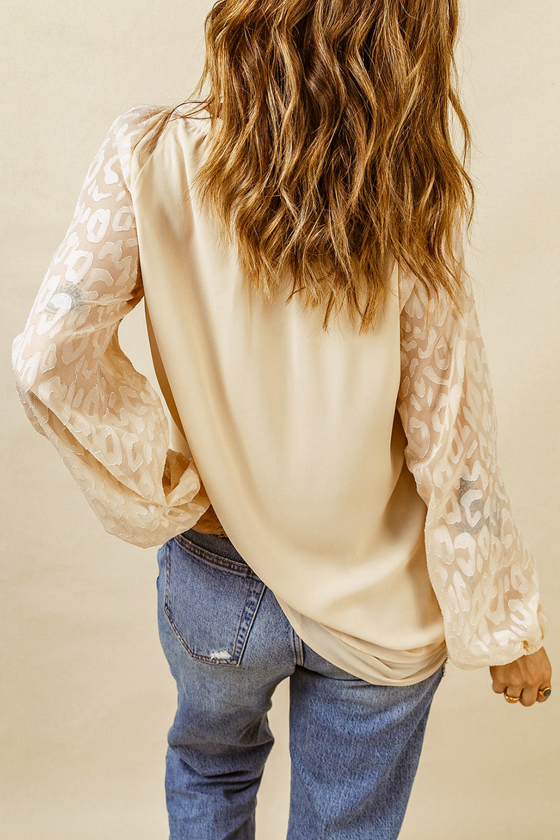 Shirley-Beige Leopard Mesh Bubble Sleeve Split Neck Blouse