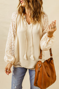 Shirley-Beige Leopard Mesh Bubble Sleeve Split Neck Blouse