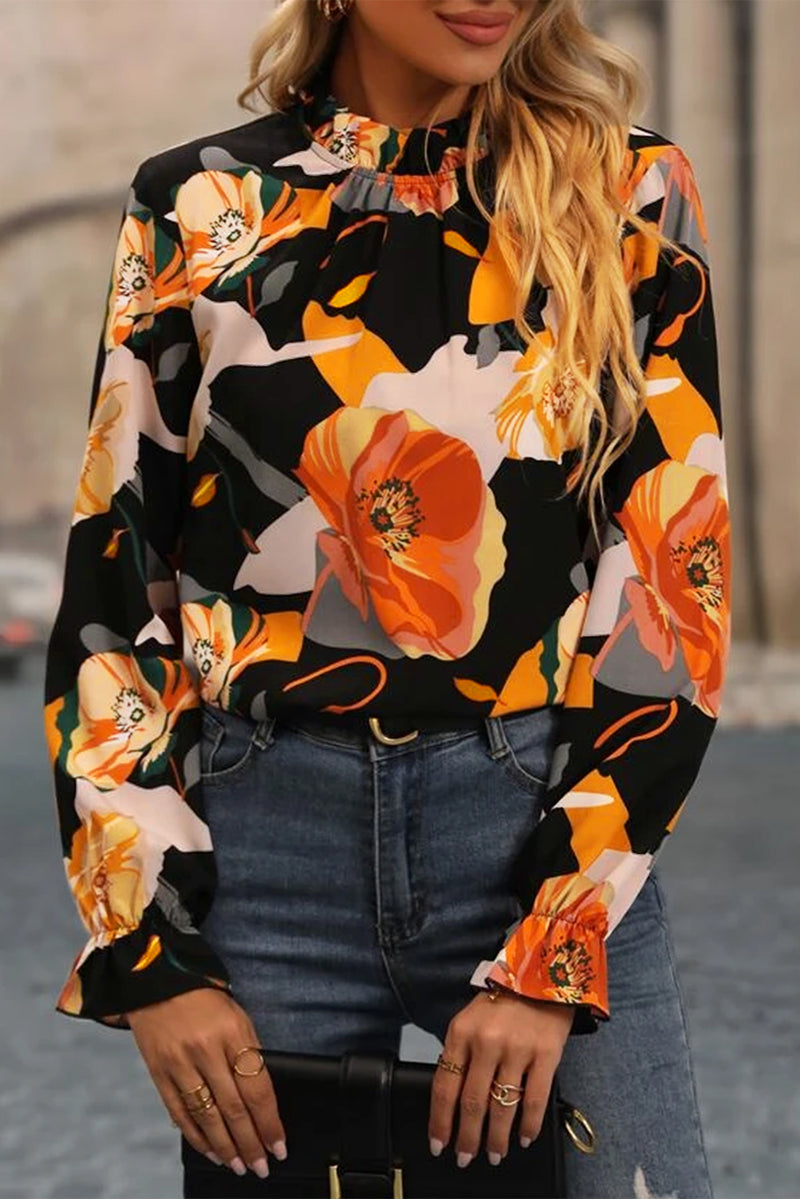 Sammie - Black Floral Print Mock Neck Blouse